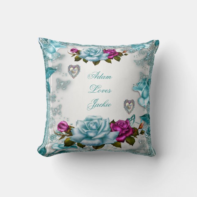 Valentijnsrozen Wit Blauw Turquoise Roze Bloemstuk Kussen (Voorkant)