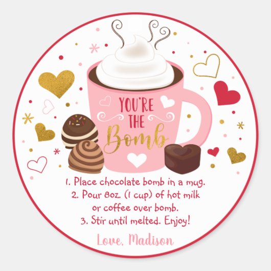 Valentijns's Hot Chocolate Bomb Roze Gouden Hart Ronde Sticker (Voorkant)