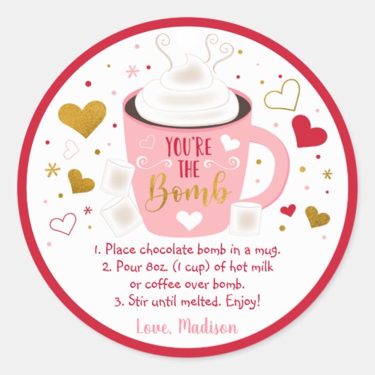 Valentijns's Hot Chocolate Bomb Roze Gouden Hart Ronde Sticker (Voorkant)