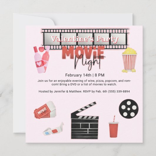 Valentijns's Party Movie Night Square Kaart (Voorkant)