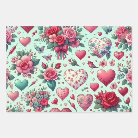Valentijns's Pink Flowers and Hearts Inpakpapier Vel (Voorkant)