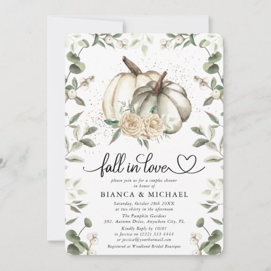 Valentijnsshower voor koppels met witte pompoen en kaart (Voorkant)