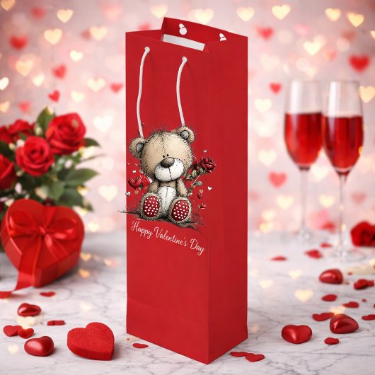 ValentijnsTeddybeer met Roos en Hartjes Wijn Cadeautas