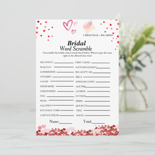 Valentijnswoord scramble bruidsfeest spelkaart kaart (Staand voorkant)
