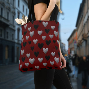 Valentijnszilver Zwart Glitter Harten op Bourgondi Tote Bag