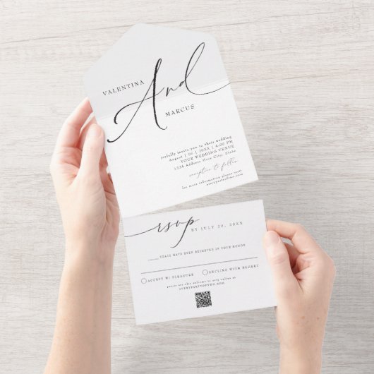VALENTINA Elegant minimalistisch script bruiloft All In One Uitnodiging (Afscheurbaar)