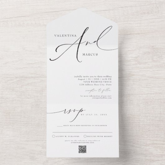 VALENTINA Elegant minimalistisch script bruiloft All In One Uitnodiging (Binnen)