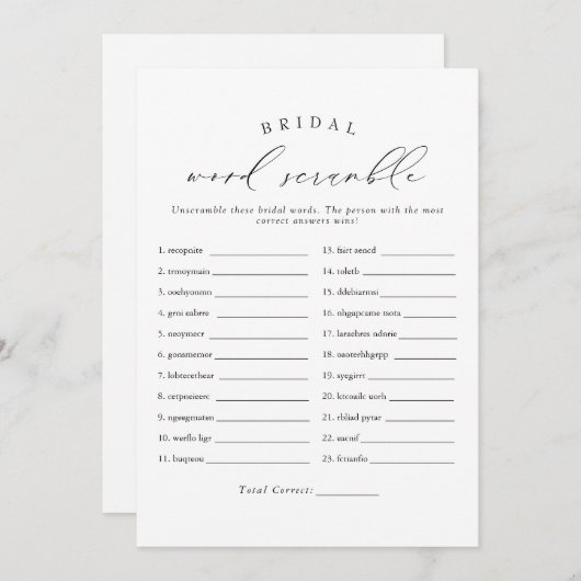 VALENTINA Elegant Script Bruids Woord Scramble Gam Kaart (Voorkant / Achterkant)