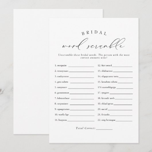 VALENTINA Elegant Script Bruids Woordzoekspel Kaart (Voorkant / Achterkant)