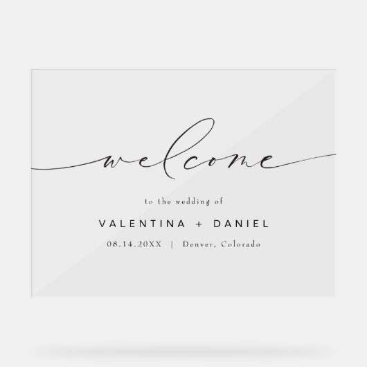 VALENTINA Elegant Script Bruiloft Welkom Acryl Bord (Voorkant)