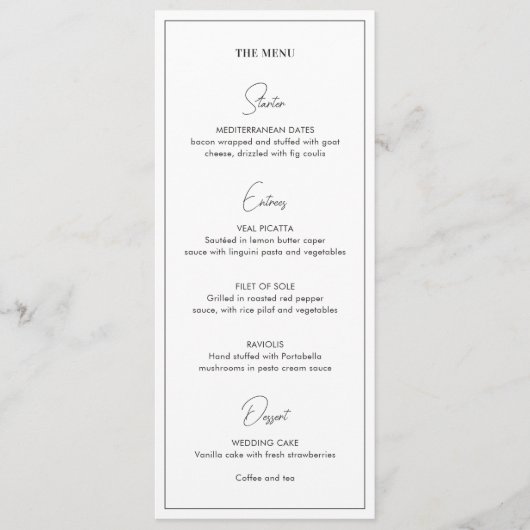 Valentina zwart-wit moderne bruiloft menu (Voorkant)