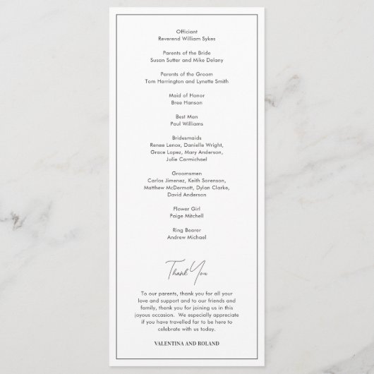 Valentina zwart-wit moderne bruiloft programmakaart (Achterkant)