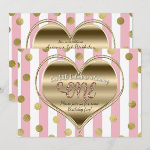Valentine 1e verjaardag EÉN Gouden Hart Roze Strep Kaart