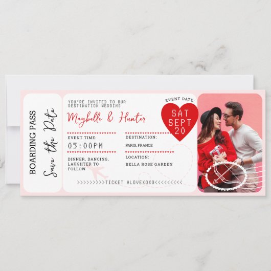 Valentine Airplane Boarding Pass Save The Date Kaart (Voorkant)