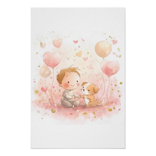 Valentine Baby & Puppy Nursery Art Print Perfect Poster (Voorkant)