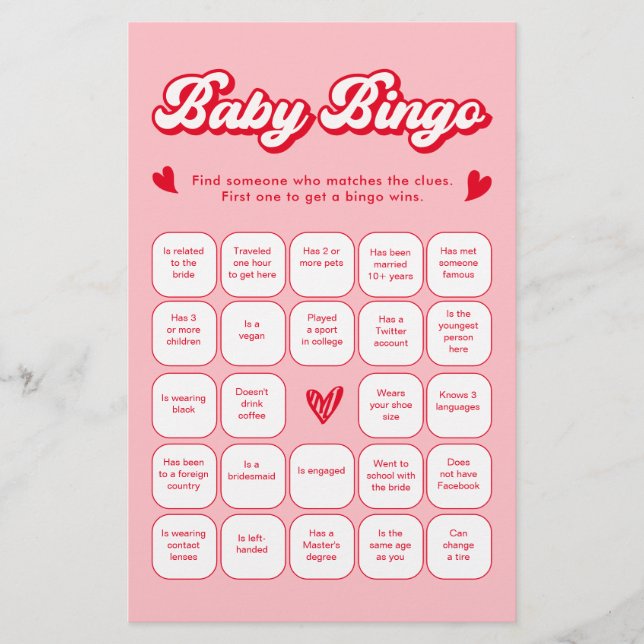 Valentine Baby Shower Find the Guest Bingo Game (Voorkant)