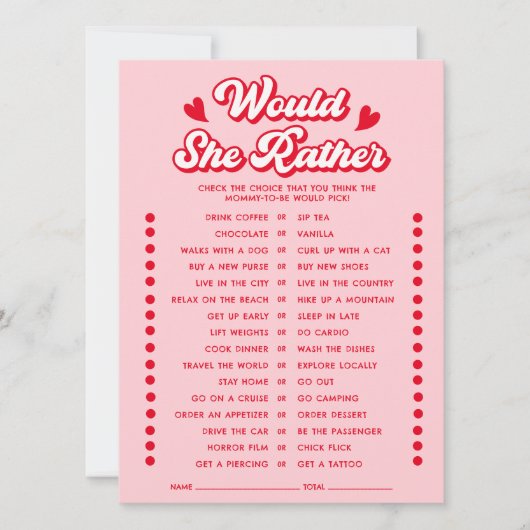 Valentine Baby Shower Would She Rather Game Card Kaart (Voorkant)