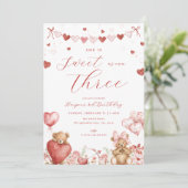 Valentine Bear Hearts Sweet Third Birthday Invite Kaart (Staand voorkant)