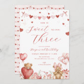 Valentine Bear Hearts Sweet Third Birthday Invite Kaart (Voorkant / Achterkant)