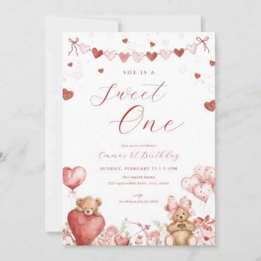 Valentine Bear Sweet One 1st Birthday Invite Kaart (Voorkant)