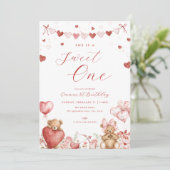 Valentine Bear Sweet One 1st Birthday Invite Kaart (Staand voorkant)