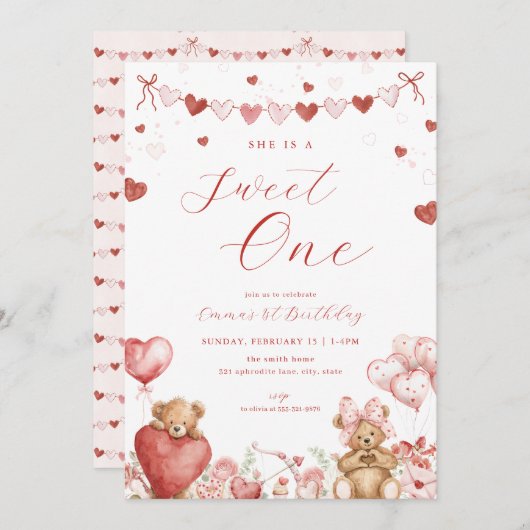 Valentine Bear Sweet One 1st Birthday Invite Kaart (Voorkant / Achterkant)