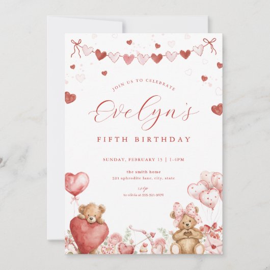 Valentine Bear Sweetheart Hearts Birthday Invite Kaart (Voorkant)