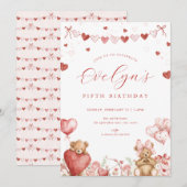 Valentine Bear Sweetheart Hearts Birthday Invite Kaart (Voorkant / Achterkant)