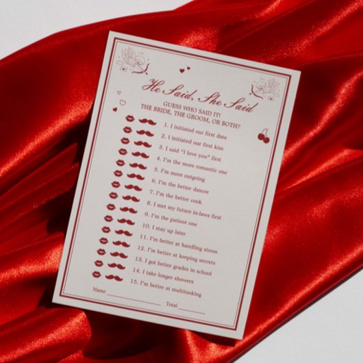 Valentine Bridal Shower He Said She Said Game Card Kaart