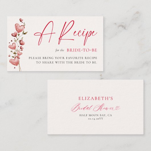 Valentine Bridal Shower Hearts Vines Bride Recipe Informatiekaartje (Voorkant / Achterkant)