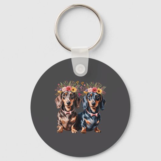 Valentine Dachshund Matching Couple Love Floral Do Sleutelhanger (Voorkant)
