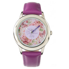 Valentine Days,Elegant,Purple Peach Flowers Patter Horloge