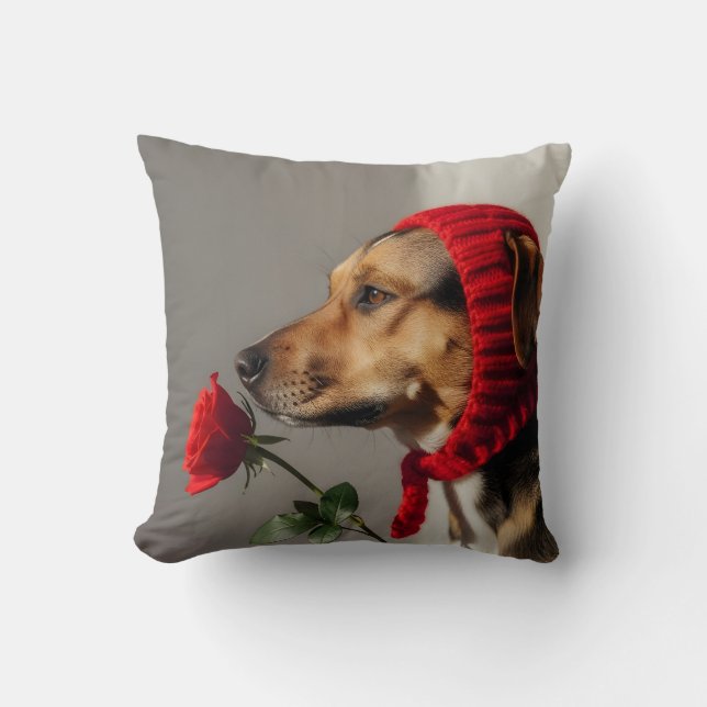 Valentine dog holding rose portrait, cute dog kussen (Voorkant)