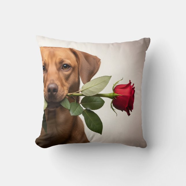valentine dog holding rose portrait, cute dog kussen (Voorkant)