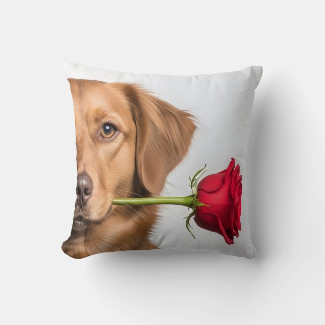 valentine dog holding rose portrait, cute dog kussen (Voorkant)