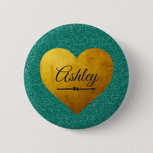 Valentine Emerald Glitter Gouden Hart Aangepaste N Ronde Button 5,7 Cm (Voorkant)