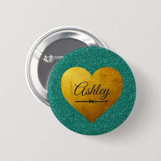 Valentine Emerald Glitter Gouden Hart Aangepaste N Ronde Button 5,7 Cm (Voorkant /achterkant)