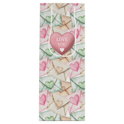 Valentine Envelopes and Hearts Wijn Cadeautas (Voorkant)