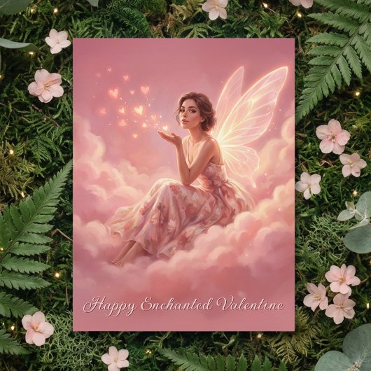 Valentine Fairy on Pink Clouds Fantasy Art Feestdagenkaart