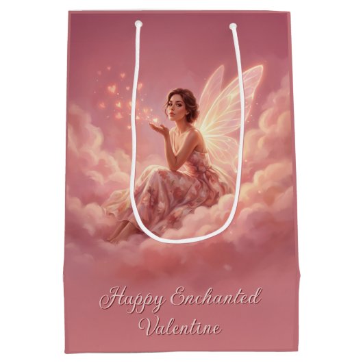Valentine Fairy on Pink Clouds Fantasy Art Medium Cadeauzakje (Achterkant)