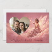 Valentine Fairy on Pink Clouds with Heart Photo Feestdagenkaart (Voorkant)