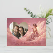 Valentine Fairy on Pink Clouds with Heart Photo Feestdagenkaart (Staand voorkant)