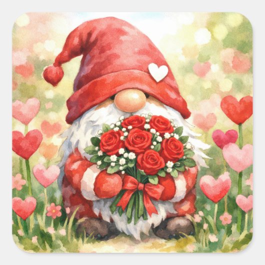 Valentine Gnome with Red Rose Bouquet Vierkante Sticker (Voorkant)