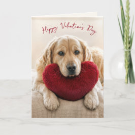Valentine Golden Retriever with Heart Pillow Kaart