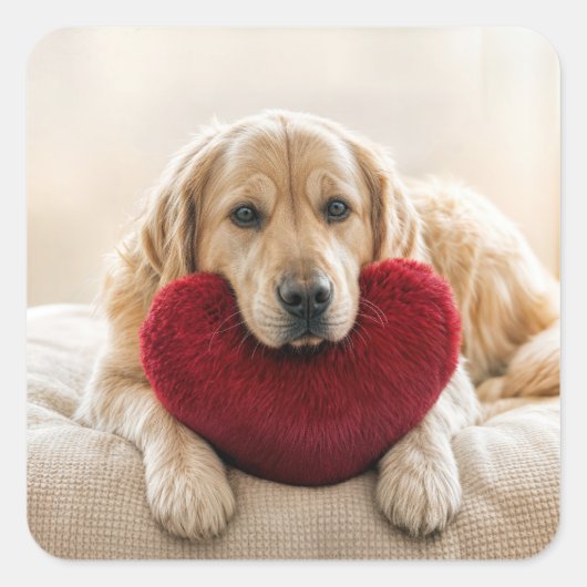 Valentine Golden Retriever with Heart Pillow Vierkante Sticker (Voorkant)