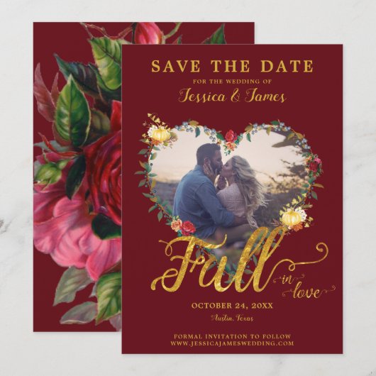 Valentine Goud Rode Bloemen Save the Date Kaart (Voorkant / Achterkant)