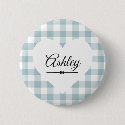Valentine Hart Blauwe Gingham Naam Monogram Ronde Button 5,7 Cm (Voorkant)