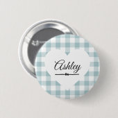 Valentine Hart Blauwe Gingham Naam Monogram Ronde Button 5,7 Cm (Voorkant /achterkant)