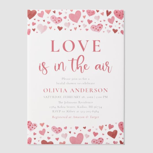 Valentine Harten Liefde is in de Lucht Bruidsfeest Vellum Uitnodigingen (Voorkant)