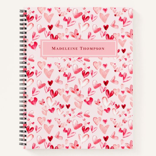 Valentine Hearts Whimsical Watercolor Pink Red  Notitieboek (Voorkant)